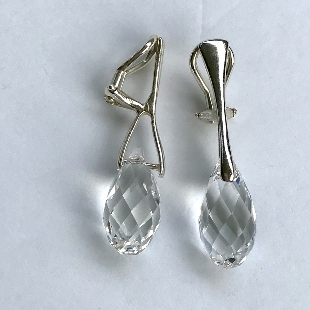 Sterling Silver Clip on Large Briolette Swarovski Crystal Earrings